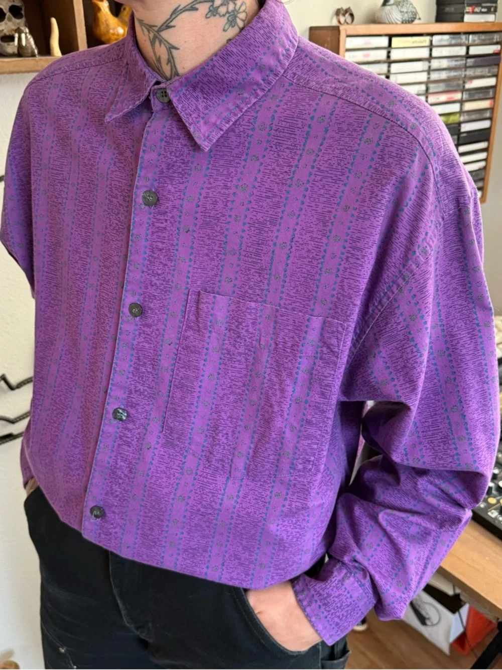 Vintage 80s Purple Abstract Striped L/S Button Down Shirt ~ Size Large - Picture 2 of 7
